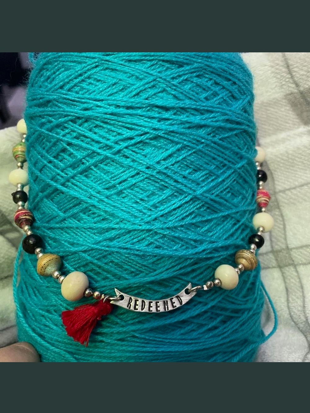 'Redeemed' Beaded Bracelet with Red Tassel - Cream, Black & Wood-Tone